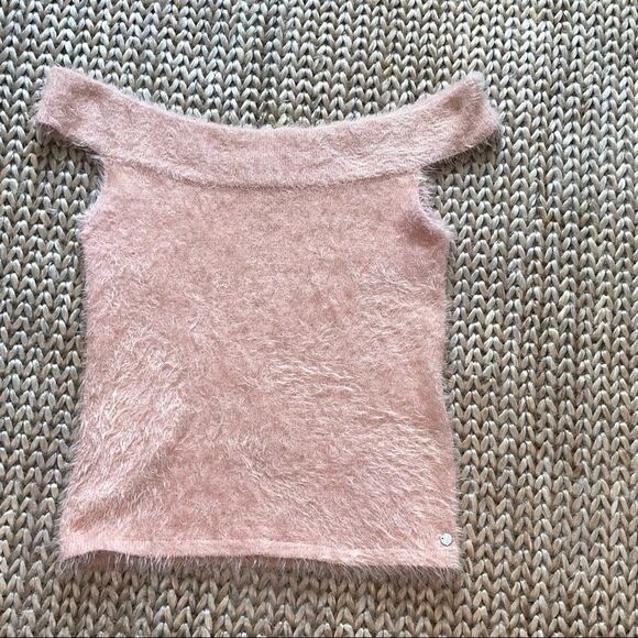 Guess Off The Shoulder Fuzzy Fitted Blouse Blush Pink Size XL - Picture 10 of 16